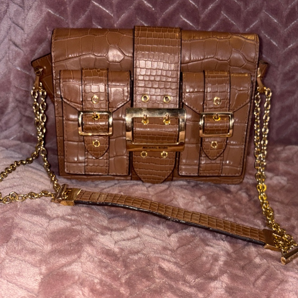 Michael Kors Brown Croc-Embossed Leather Chain Crossbody Bag